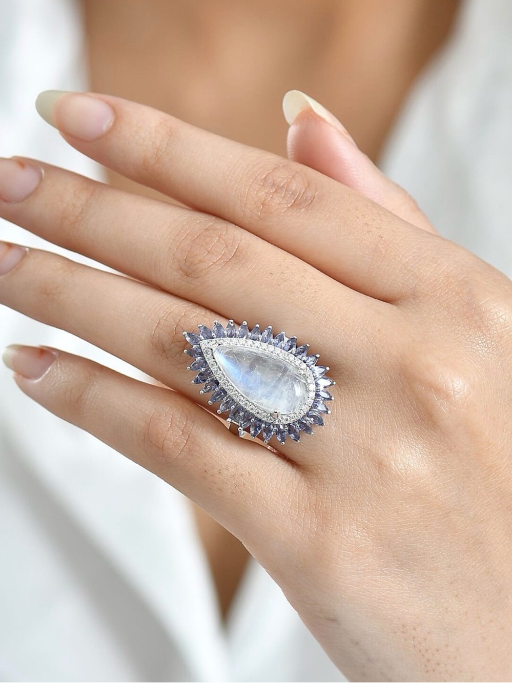Sterling Silver 9ctw Rainbow Moonstone Teardrop Ring with Tanzanite Halo